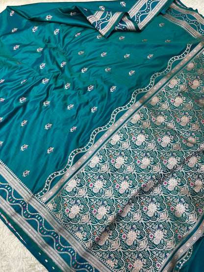 Teal Blue Mashru katan Silk Saree