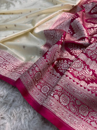 Ivory & Fuchsia Mashru Katan Silk Saree