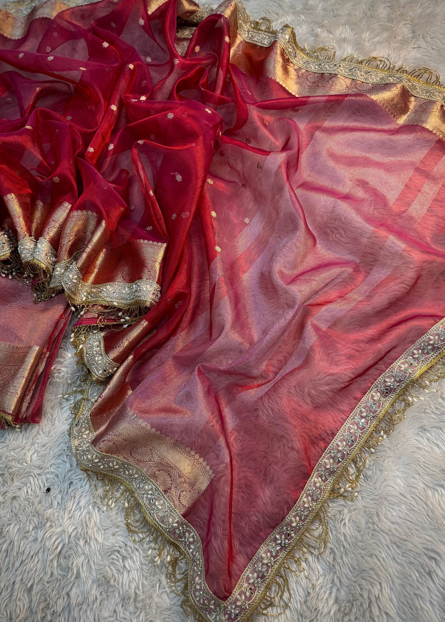 Rose Crimson Soft Silk Tissue Booti Saree