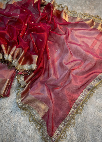 Rose Crimson Soft Silk Tissue Booti Saree