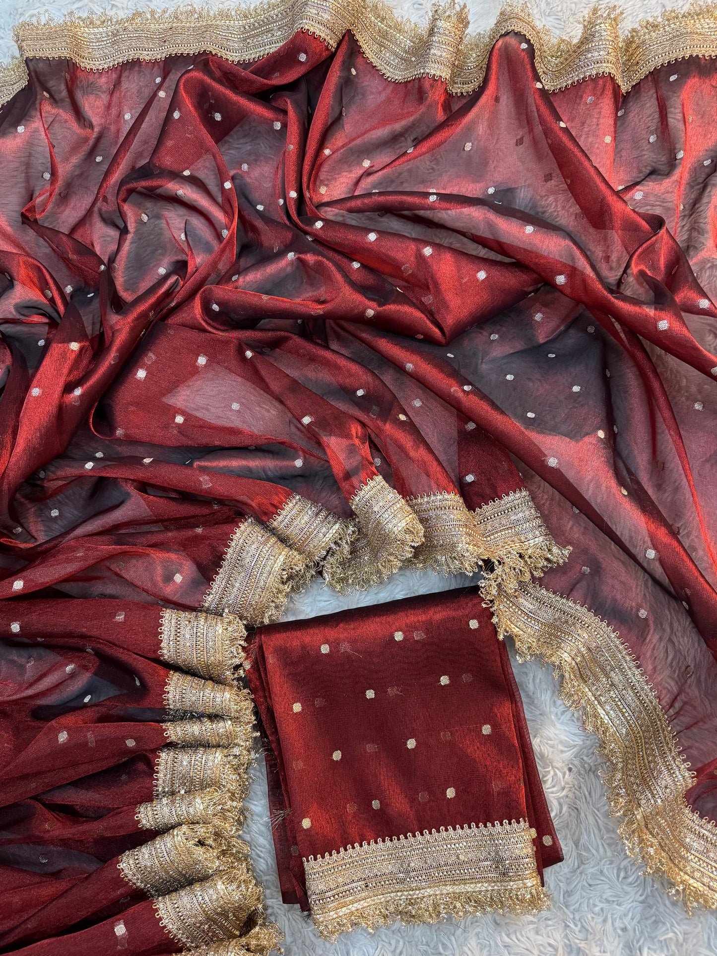 Crimson Wine Soft Tissue Silk Booti Saree