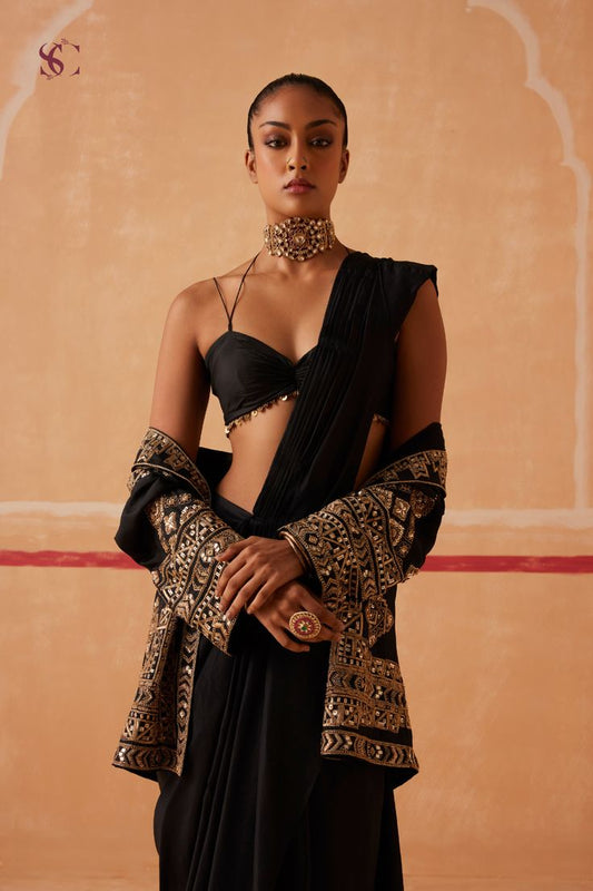 Midnight Gold Geometric Jacket Saree