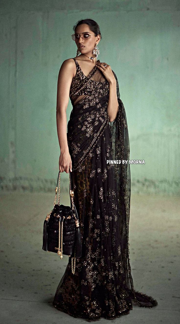 Midnight Bronze Floral Saree Set