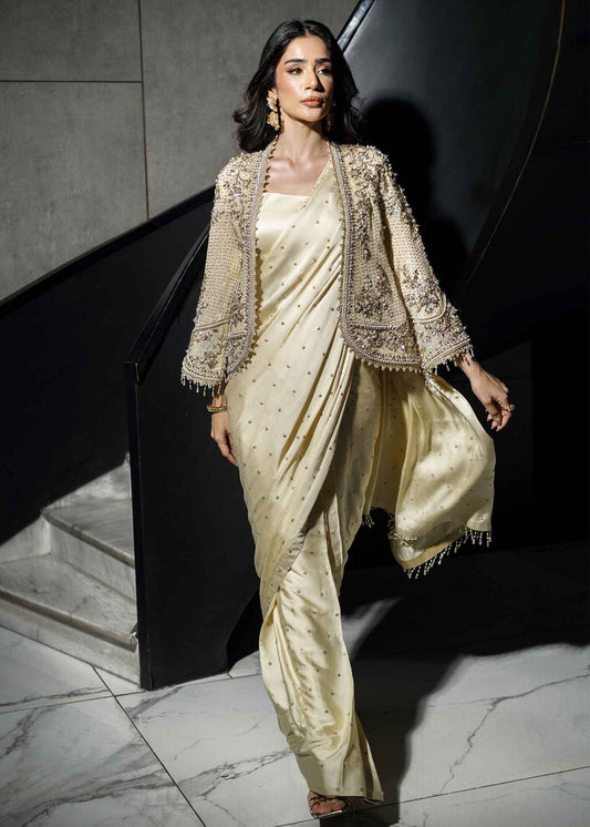 Champagne Satin Zardozi Jacket Saree