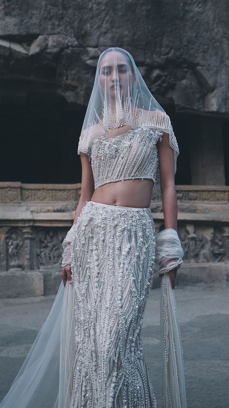 Ivory Linear Pearl Lehenga
