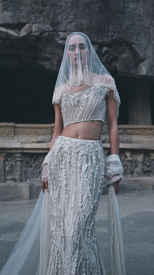 Ivory Linear Pearl Lehenga