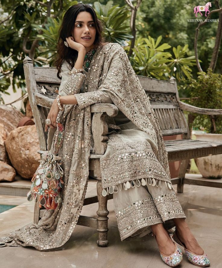 Greige Mirrorwork Sharara Set