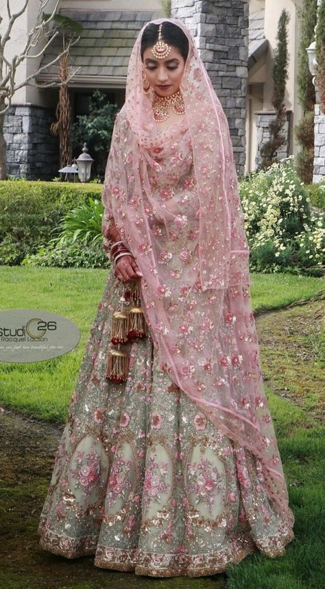 Sage Green Floral Bridal Lehenga