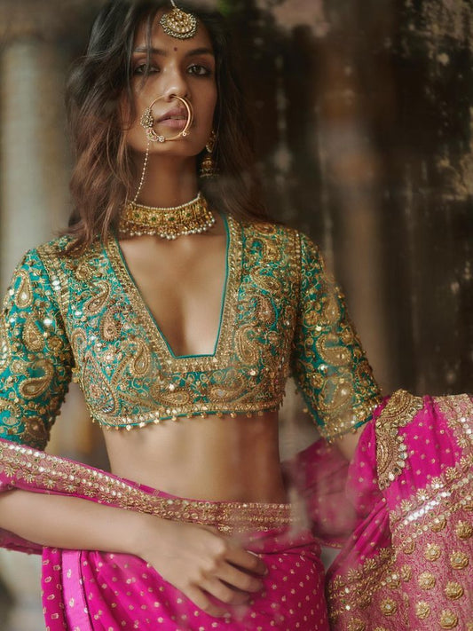 Teal Zardozi Paisley Saree Set