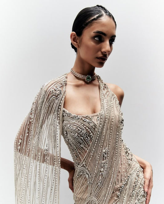 Champagne Linear Sculpted Saree